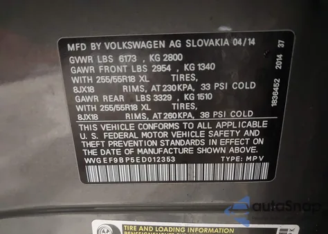 2014 Volkswagen Touareg 3.6L Sport z USA, uszkodzony, nr VIN WVGEF9BP5ED012353